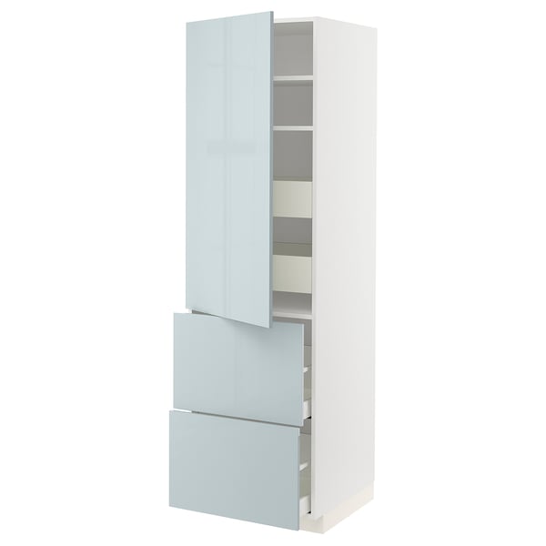 METOD white kitchen cabinet with grey-blue high-gloss drawers and shelves.