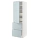 METOD white kitchen cabinet with grey-blue high-gloss drawers and shelves.