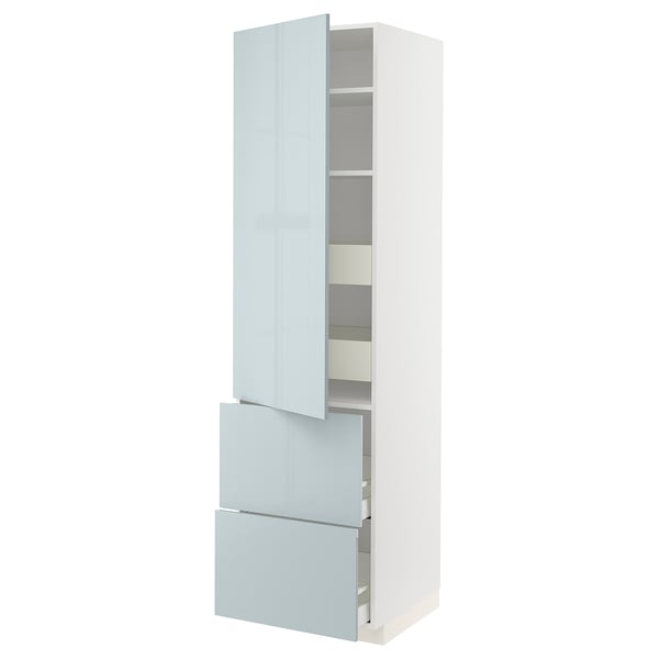 A modern, tall kitchen cabinet with two drawers and a high gloss grey-blue finish, featuring adjustable shelves.