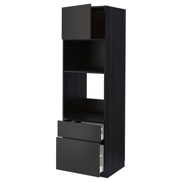 METOD kitchen unit in black with open shelves, drawers, and cupboards.