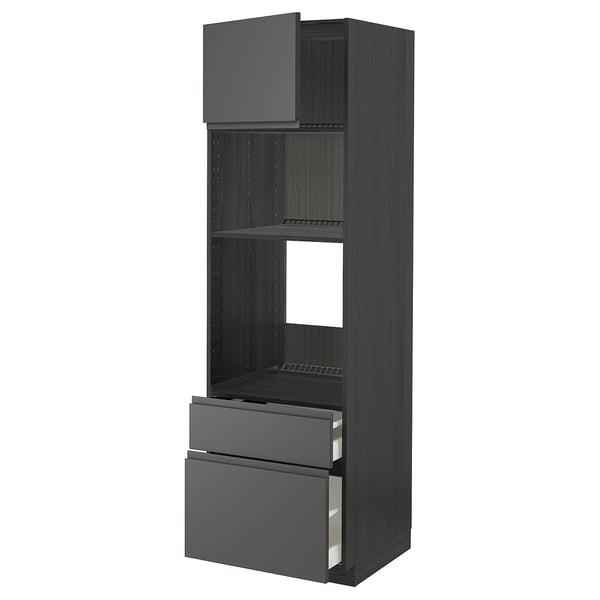 Modern black kitchen cabinet, METOD with dark grey drawers, three shelves, and integrated handles.