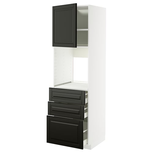 White kitchen cabinet with black drawers and doors. Includes shelves and drawers with metal sliders.
