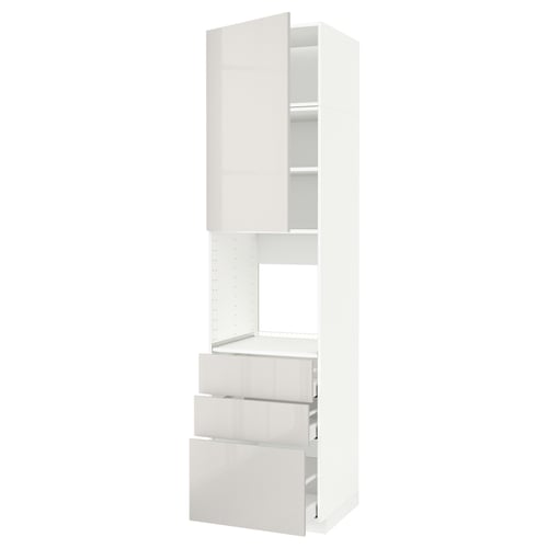 Modern white high gloss kitchen cabinet with drawers, sleek design, glossy finish.
