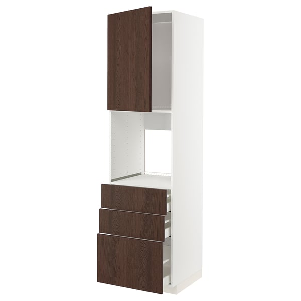 METOD / MAXIMERA High cab f oven w door/3 drawers, white/Sinarp brown, 60x60x220 cm