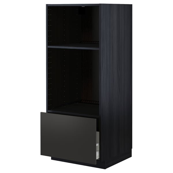 Black modern METOD cabinet with one visible drawer and an open shelf.