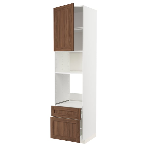 A METOD kitchen unit with walnut-finished drawers and doors, white cabinet frames, and a tall narrow shape, ideal for storage.
