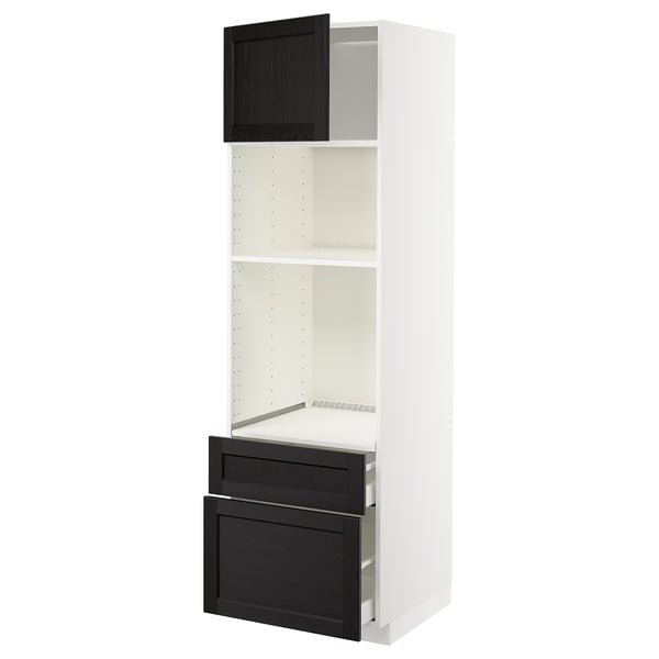 Ikea METOD kitchen unit, white with black drawers and doors, wooden finish.