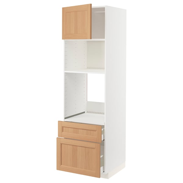 An ikea METOD kitchen unit with a white frame, wooden doors, and drawers. It includes shelves and drawers for storage.