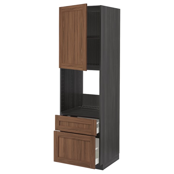 METOD kitchen unit, walnut finish, tall with shelves and drawers, modern classic design.