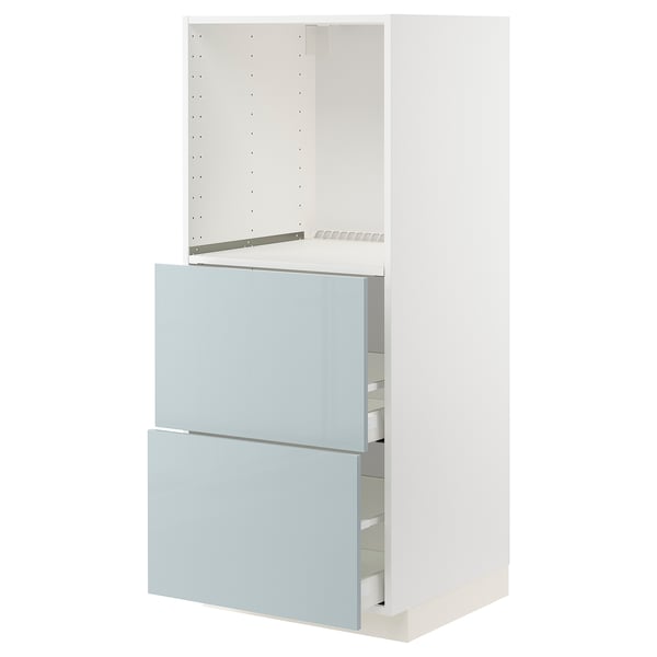 Ikea METOD white high cabinet with grey-blue drawers.