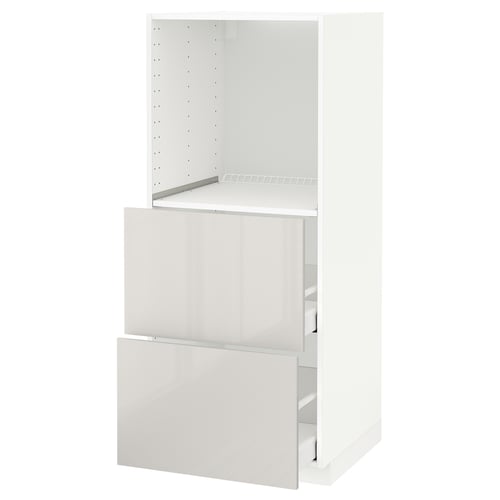 White METOD kitchen unit with high gloss finish, including fully extendable drawers and adjustable shelves, sleek modern design.