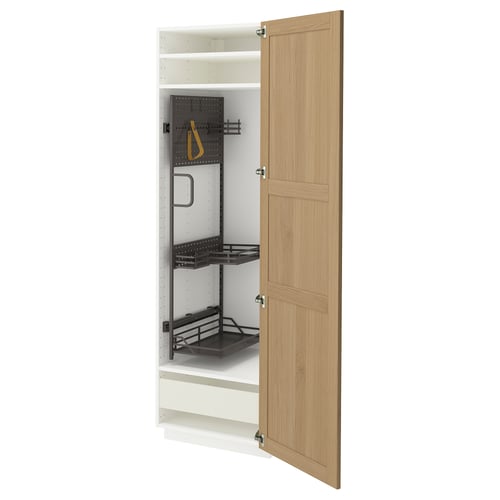 Open wooden cabinet, white shelves, black metal organisers.