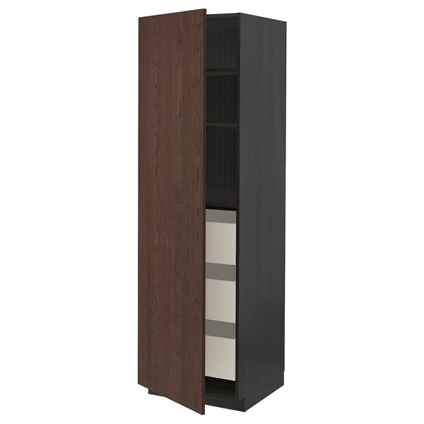 Dark brown wooden cabinet with adjustable shelves. Large, tall, rectangular design with open door revealing organised storage.