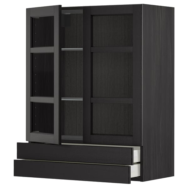 Black stained kitchen wall unit with glass doors and drawers, featuring adjustable shelves and soft-closing drawers.