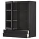 Black stained kitchen wall unit with glass doors and drawers, featuring adjustable shelves and soft-closing drawers.