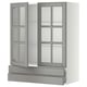 White and grey kitchen cabinet with glass doors.