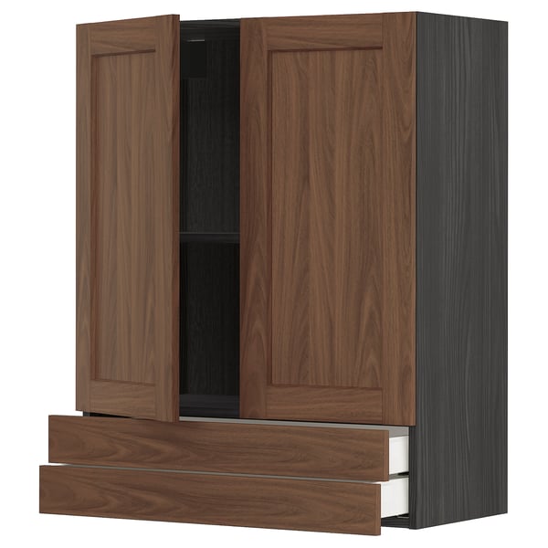 Wall-mounted METOD kitchen cabinet with walnut-colored door and drawer.