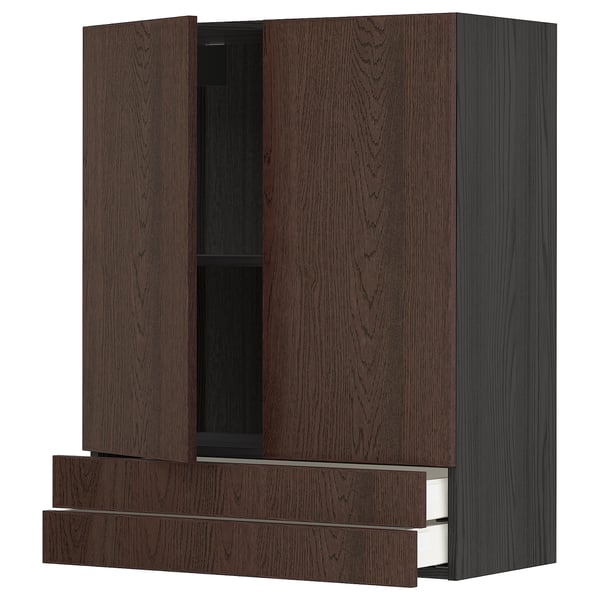 A dark brown METOD kitchen cabinet with two drawers and two doors.