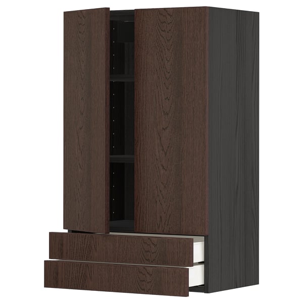 Dark brown wooden kitchen cabinet with two drawers and two shelves, featuring a sleek, modern design.