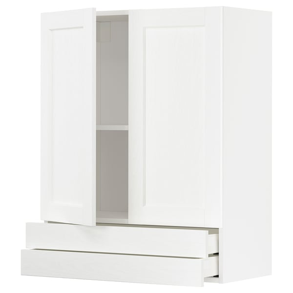 White kitchen cabinet with drawers and adjustable shelf. Modern, clean design with subtle wood texture.