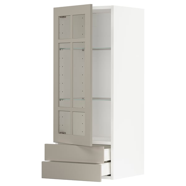 Modern kitchen storage unit: METOD. Beige, glass doors, white, rectangle, minimalist design.
