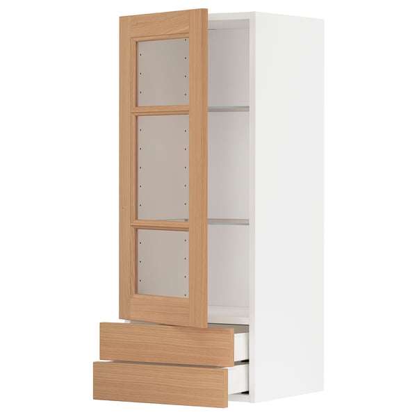 METOD / MAXIMERA Wall cabinet w glass door/2 drawers, white/Vedhamn oak, 40x100 cm