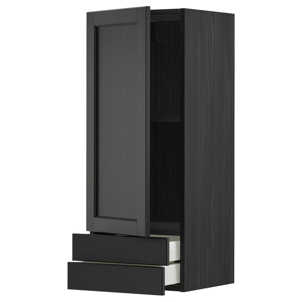 METOD black kitchen unit. Tall cabinet with shelves and drawers. Dark stained wooden doors, smooth edges, rectangular shape.