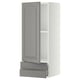 Modern kitchen cabinet in grey with bevelled edges, featuring an open door, adjustable shelf, and pull-out drawer.