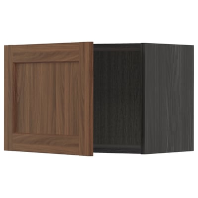 Two boxes, one plain walnut, one dark grey, showcasing METOD kitchen system doors.