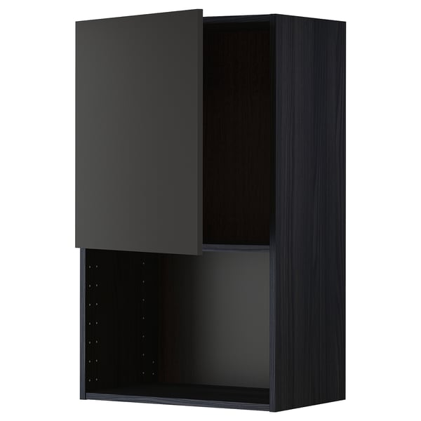 A black METOD wall cabinet with a modern, sleek design featuring a single dark grey door and open storage space below.