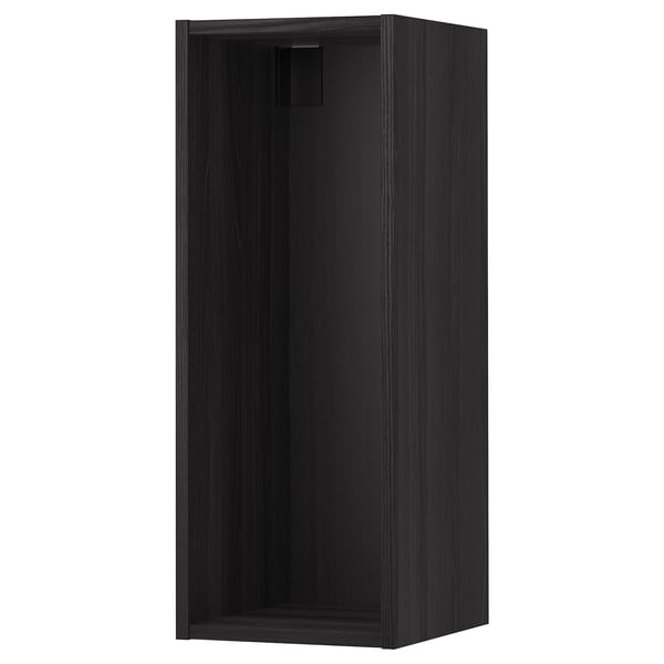 A black METOD wall cabinet from IKEA, rectangular in shape, with a sleek, modern design, and a smooth finish.