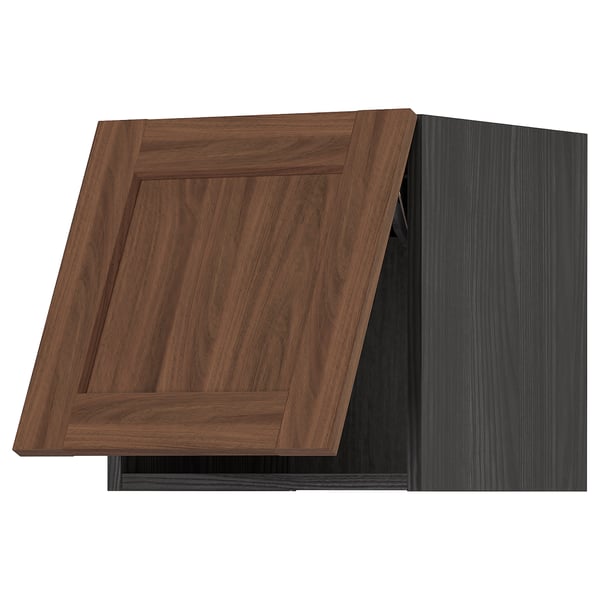 Modern kitchen cabinet in walnut brown with dark wood grain, rectangle shape & flat panel design.