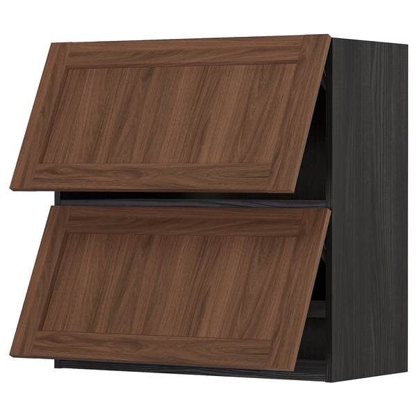Dark wood cabinet, angled glass doors, styled for kitchen storage.