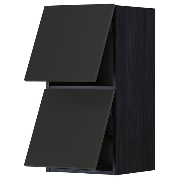 Modern black kitchen wall unit, METOD series, with sleek angular design and flat panels, sturdy wooden construction.