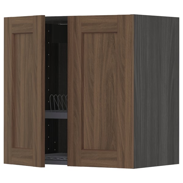 METOD walnut brown kitchen cabinet with adjustable shelf and stainless dish drainer.