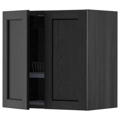 A black METOD kitchen wall cabinet with one door open, revealing adjustable shelves and a dish drainer inside.