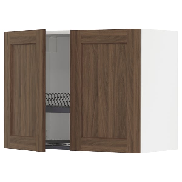 METOD Wall cabinet w dish drainer/2 doors, white Enköping/brown walnut effect, 80x60 cm