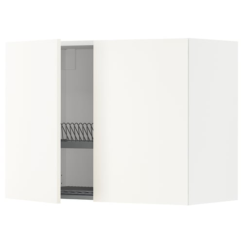 METOD kitchen unit in white with open door, steel dish drainer.