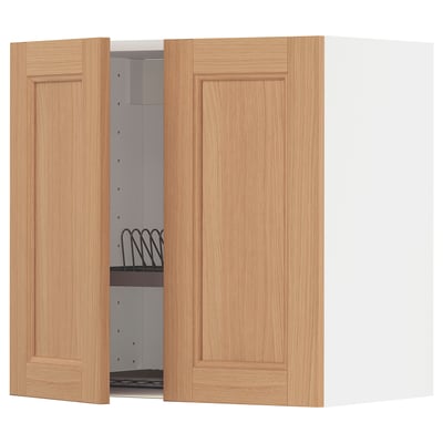 METOD Wall cabinet w dish drainer/2 doors, white/Vedhamn oak, 60x60 cm