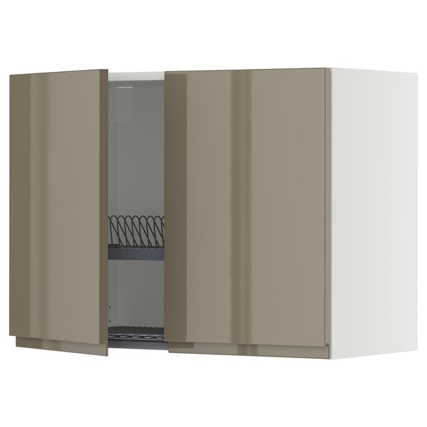 METOD Wall cabinet w dish drainer/2 doors, white/Voxtorp high-gloss dark grey-brown, 80x60 cm