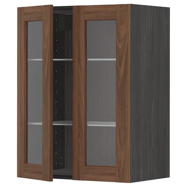 Modern dark wood kitchen cabinet with glass doors, adjustable shelves.