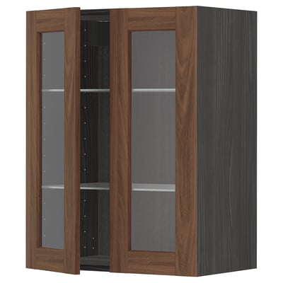 Modern dark wood kitchen cabinet with glass doors, adjustable shelves.