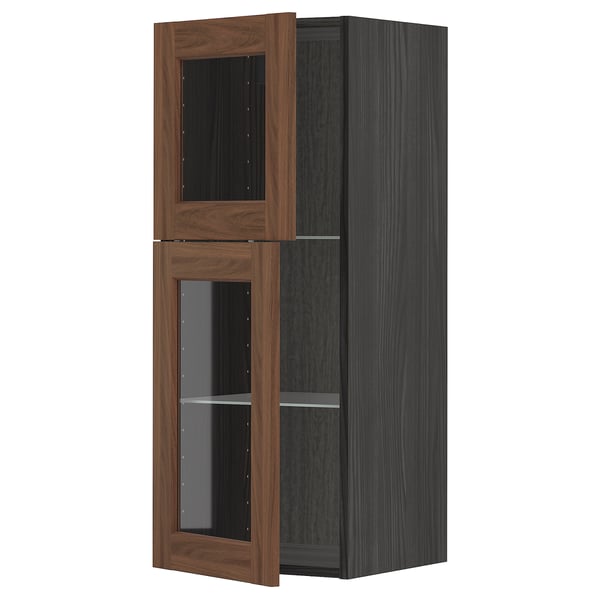 Modern kitchen cabinet: METOD with walnut foil doors, glass panels, square design.