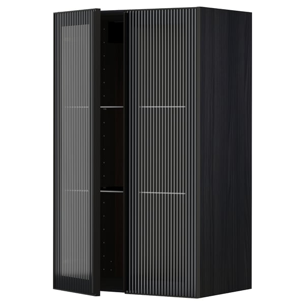Black METOD wall cabinet, fluted glass door, adjustable shelves.