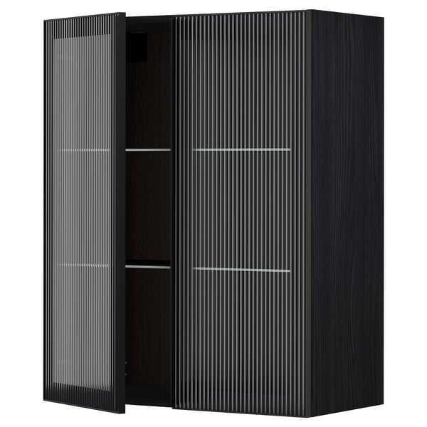 Modern black kitchen cabinet with reeded glass doors and metal frames.
