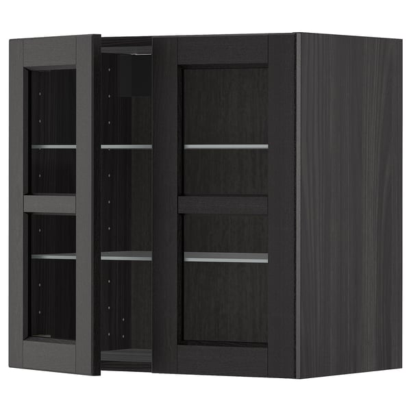 METOD black stained kitchen cabinet with glass doors, square shape.