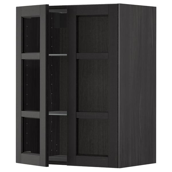 Black stained wall cabinet with glass door, modern kitchen storage.