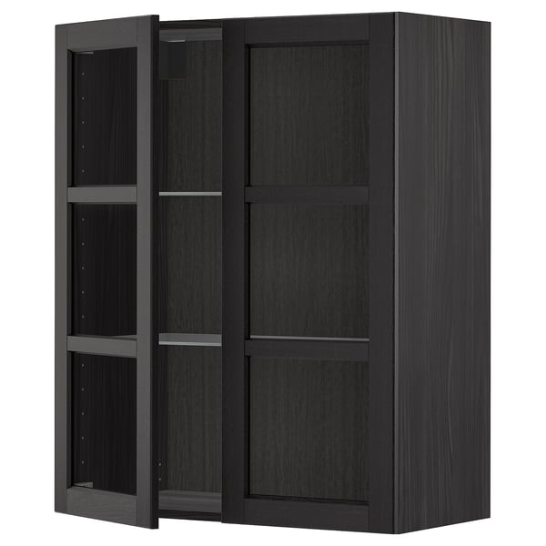 Black METOD cabinet with glass doors, dark wood grain, adjustable shelves.