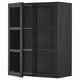 Black METOD cabinet with glass doors, dark wood grain, adjustable shelves.