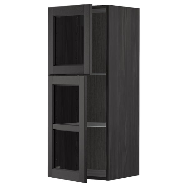 Modern black METOD wall cabinet with glass doors, sleek design, and adjustable shelves.